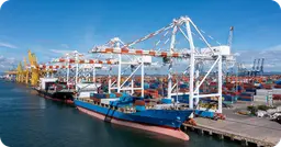 Container vessel berthed under port cranes