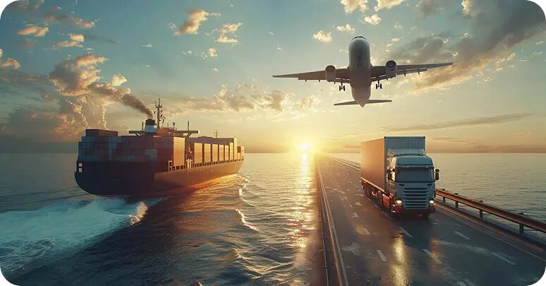 Cargo transport routes across sea, road, and air